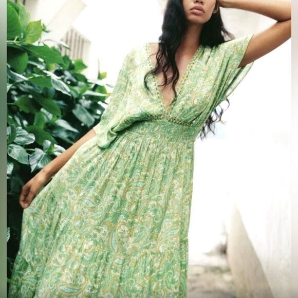 Zara women’s xl tiered maxi dress gauzy paisley boho beaded smock waist - Picture 3 of 9